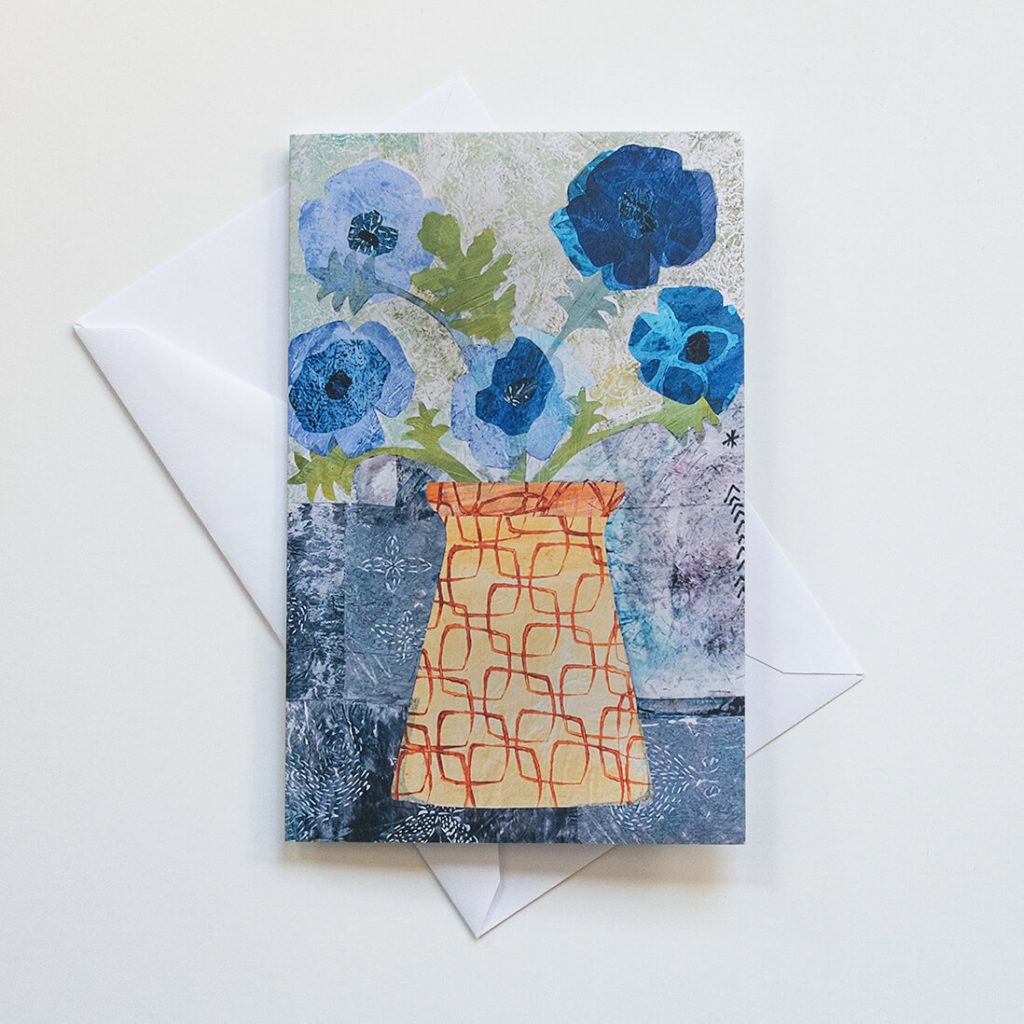 botanical greeting notecard of blue poppies bouquet with white envelope and blank inside